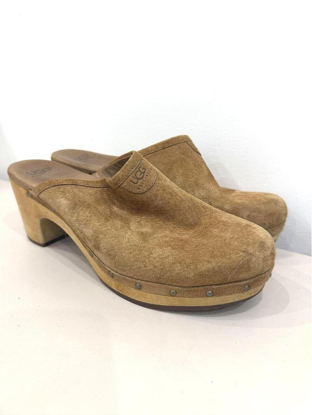 UGG Brown Suede Heeled Clog Mules Size 9